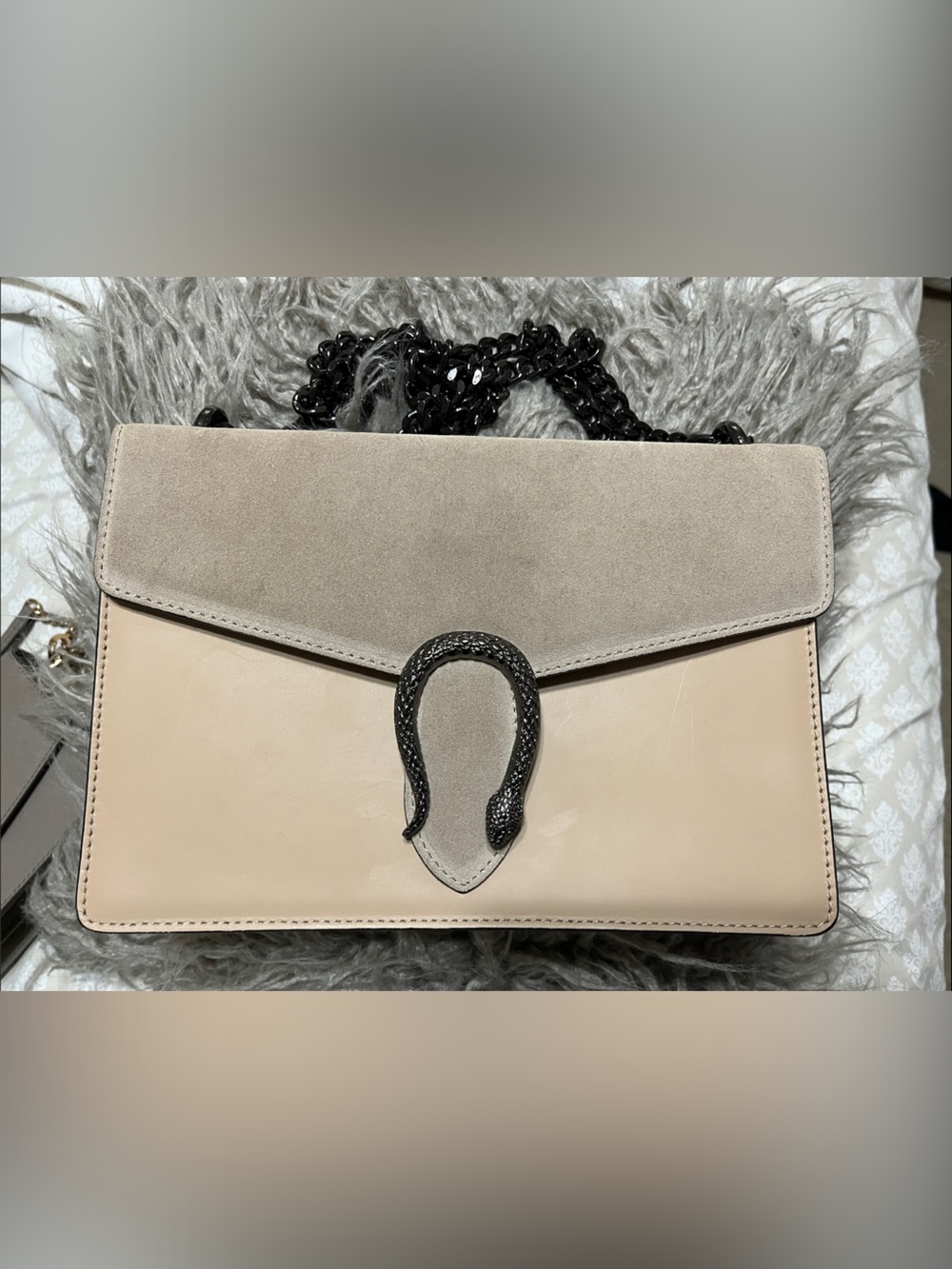 Two-Tone Beige & Taupe Suede Leather Chain Crossbody Bag